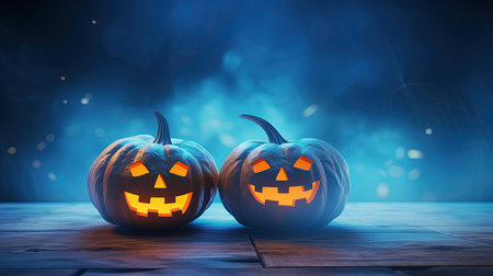 Halloween pumpkins on wooden background with copy space. Halloween conceptの素材