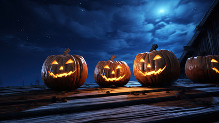 Halloween pumpkins on wooden pier at night, 3d renderの素材
