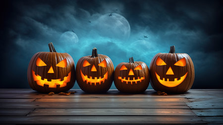 Halloween pumpkins on wooden planks with moon and stars backgroundの素材