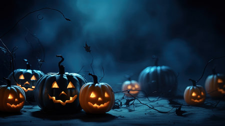 Halloween pumpkins on dark toned foggy background with copy spaceの素材