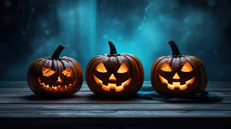 Halloween pumpkins on wooden planks, 3d render.の素材