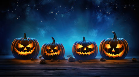Halloween pumpkins with scary faces on wooden planks and night sky backgroundの素材