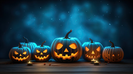 Halloween pumpkins with candles on wooden background. Vector illustration.の素材