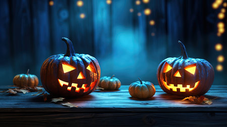Halloween pumpkins on wooden table and bokeh background.の素材