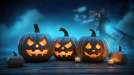 Halloween pumpkins on wooden planks, 3d render illustrationの素材
