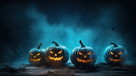 Halloween pumpkins on wooden planks with fog and flying batsの素材