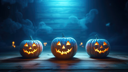 Halloween pumpkins on a wooden background. 3d rendering.の素材