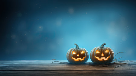 Halloween pumpkins on wooden background. 3D illustration. Toned.の素材