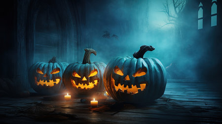 Halloween pumpkins with scary faces on dark toned foggy backgroundの素材