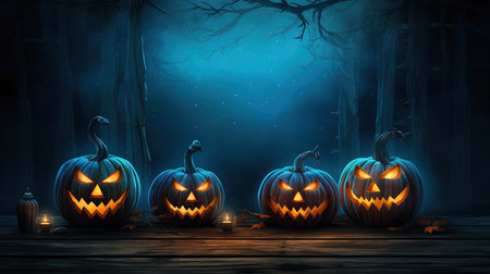 Halloween pumpkins on wooden planks in dark forest. 3D renderingの素材