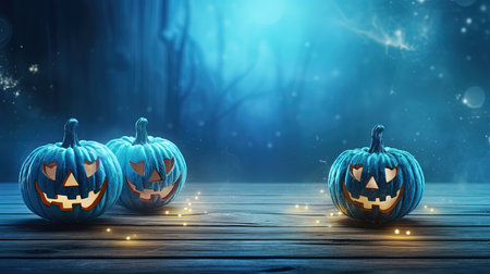 Halloween pumpkins on wooden table in misty forest. 3D renderingの素材