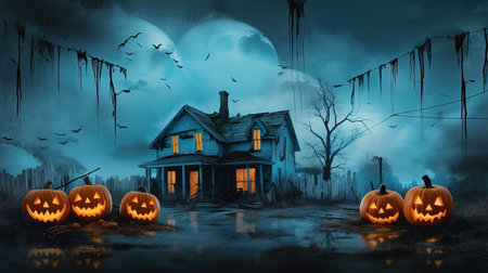 Halloween background with pumpkins and haunted house. 3D renderingの素材