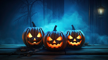 Halloween pumpkins on wooden table with foggy background, 3d renderの素材
