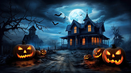 Halloween background with haunted house, pumpkins, bats and moonの素材