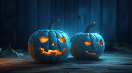 Halloween pumpkins on wooden background, 3d render illustration.の素材
