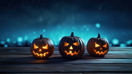 Halloween pumpkins on wooden table and bokeh lights backgroundの素材