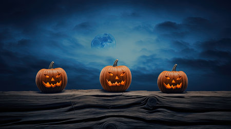 Halloween pumpkins on wooden table with full moon background, 3d renderの素材