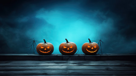 Halloween pumpkins on wooden planks with spooky foggy backgroundの素材