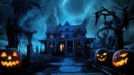 Halloween background with haunted house, pumpkins and spooky treesの素材
