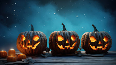 Halloween pumpkins on wooden background. 3d render. Halloween conceptの素材