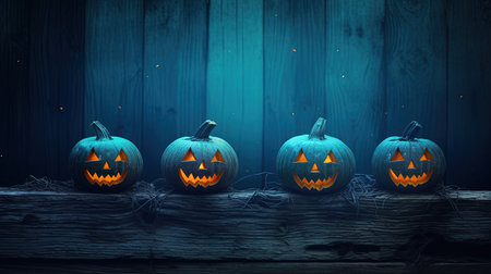 Halloween pumpkins on wooden background with copy space for your textの素材