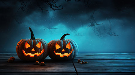 Halloween pumpkins on wooden planks, 3d render illustrationの素材