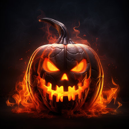 Halloween pumpkin head with fire and smoke on black background, 3d illustrationの素材