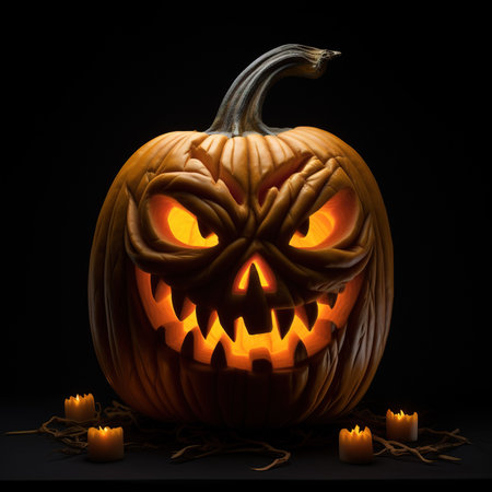 Halloween pumpkin with burning candles on black background, 3d illustrationの素材