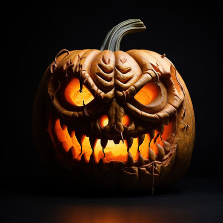 Halloween pumpkin with scary face on dark background. Jack o lanternの素材