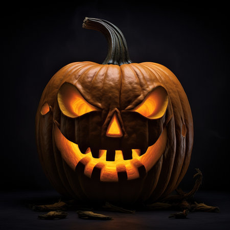 Halloween pumpkin with scary face on black background, 3d renderの素材