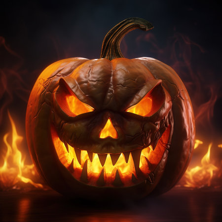 Halloween pumpkin with fire and smoke on dark background, 3d illustrationの素材