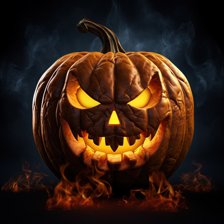 Halloween pumpkin with fire and smoke on dark background, 3d illustrationの素材