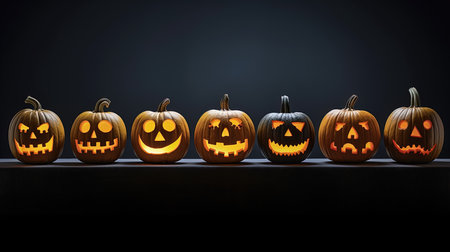 Halloween pumpkins on black background, 3d render illustration.の素材