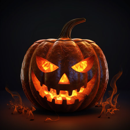 Halloween pumpkin with scary face on dark background. 3d illustrationの素材