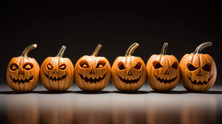 Halloween pumpkins with scary faces on black background, Halloween conceptの素材
