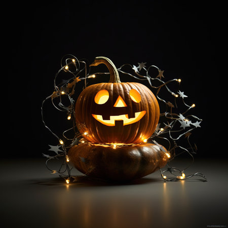 Halloween pumpkin with glowing garland on dark background, 3d renderの素材