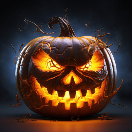 Halloween pumpkin on a dark background. 3D illustration. Copy space.の素材