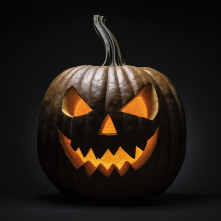 Halloween pumpkin with scary face on dark background, 3d renderの素材