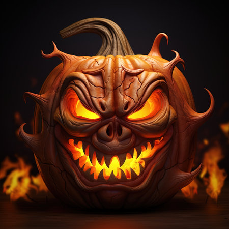 Halloween pumpkin with scary face on fire background. 3d illustrationの素材