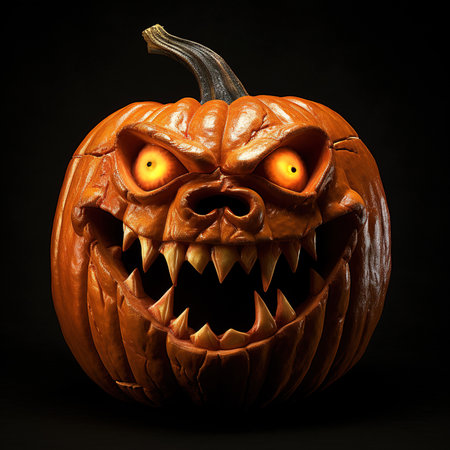 Halloween pumpkin with scary face on dark background. 3d illustrationの素材