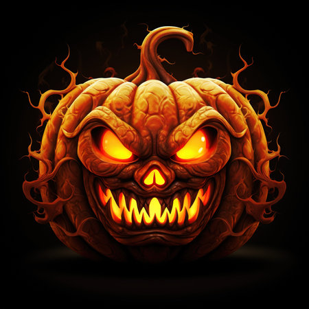 Halloween pumpkin with scary face on dark background. Vector illustration.の素材