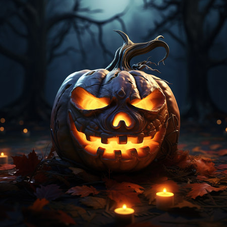Halloween pumpkin with burning candles in the dark forest, 3d renderの素材