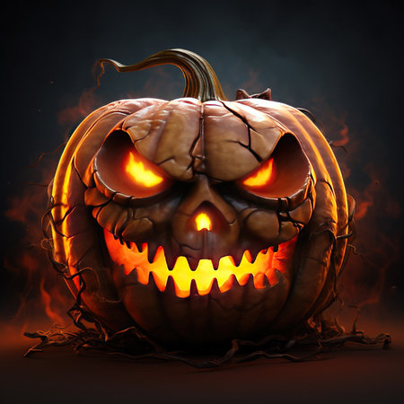 Halloween pumpkin with burning eyes on dark background, 3d illustrationの素材