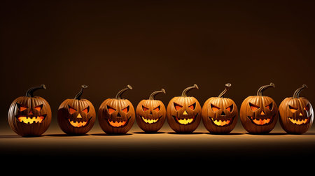 Halloween pumpkins with scary faces on brown background. Vector illustration.の素材