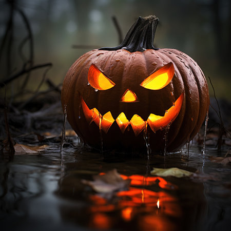 Halloween pumpkin in the forest. Selective focus. Shallow depth of fieldの素材