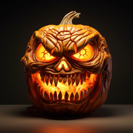 Halloween pumpkin with scary face on dark background. 3d illustrationの素材