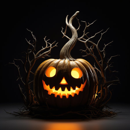 Halloween pumpkin with scary face on dark background. 3d renderingの素材