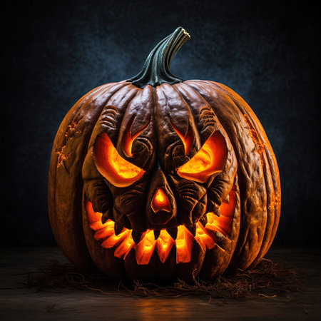Halloween pumpkin with scary face on dark background, halloween conceptの素材