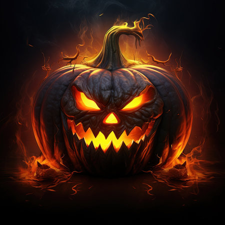 Halloween pumpkin in flames on dark background. 3D illustration.の素材