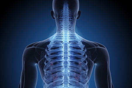 Human skeleton anatomy x-ray on blue background. 3D renderingの素材
